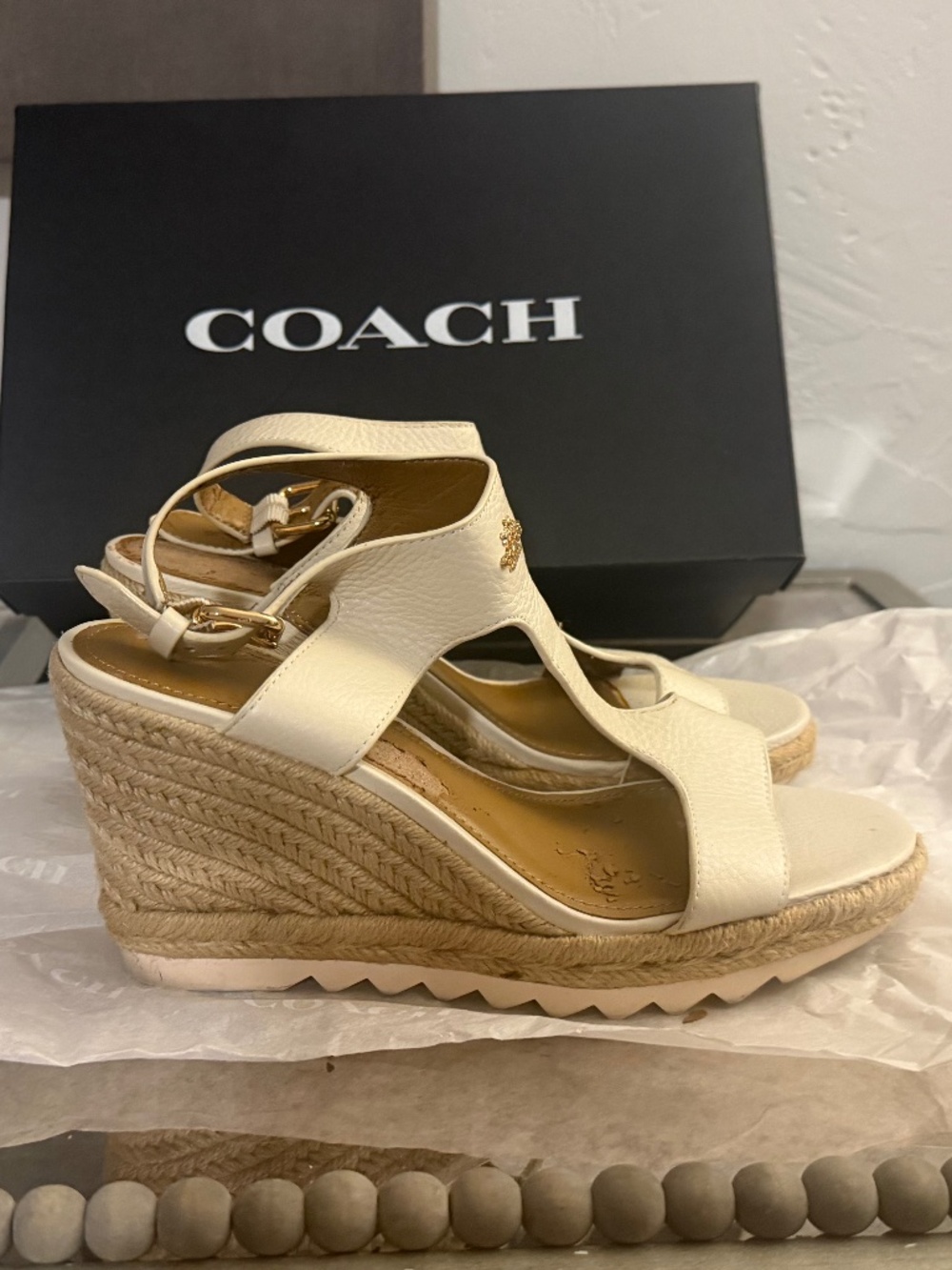 COACH Espadrille Leather T-Strap Sandals